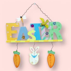 Vintage EASTER Wooden Hanging Sign Decoration Hand Painted Bunny Bird Spring 14”